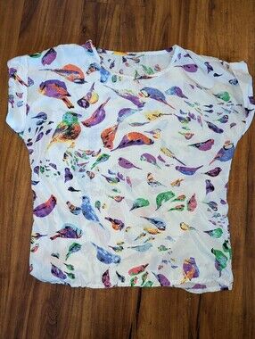 White Sheer Bird Print Short Sleeve Top